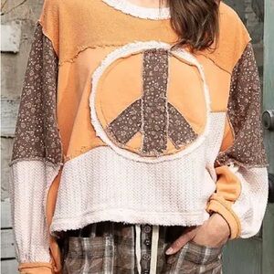 POL Long Sleeve Peace Emblem Top in Tangerine